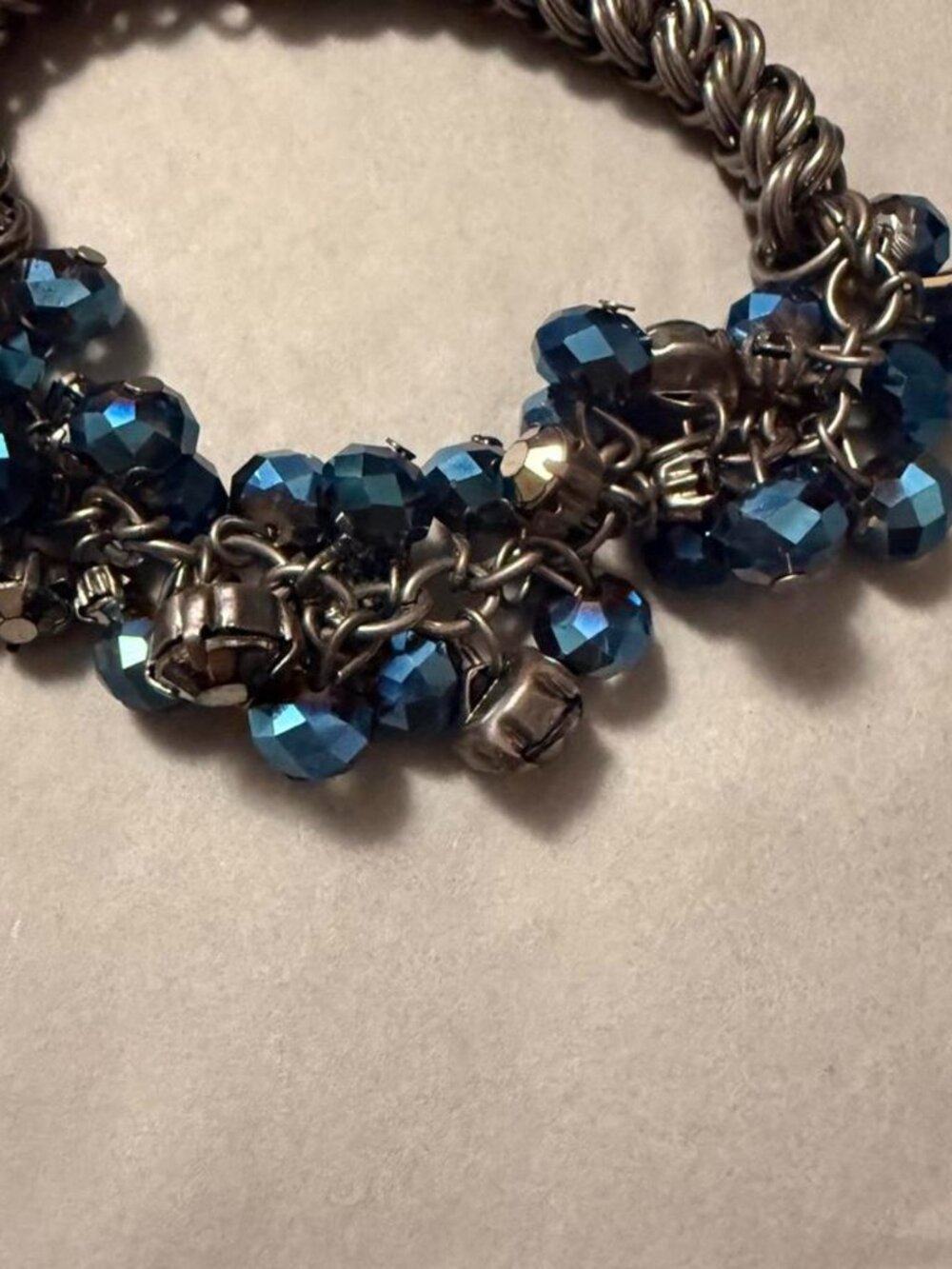 Chunky Teal Blue Crystal Cluster Stretch Bracelet Silver Tone Statement Jewelry